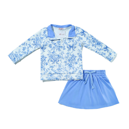 Blue Floral & Bows  Girls Quarter Zip Skort Set