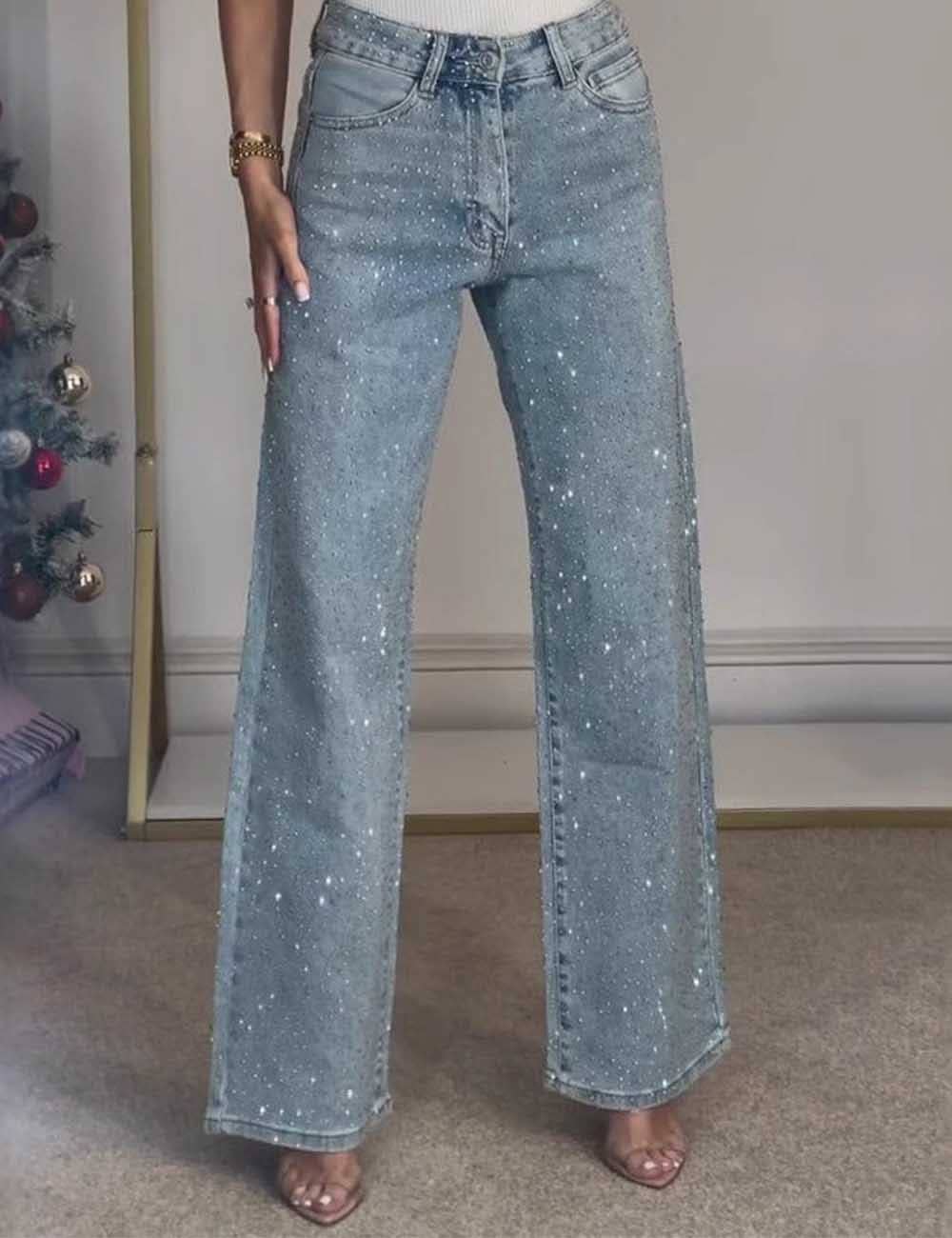 Ladies Rhinestone Button Pocket  Denim Pants