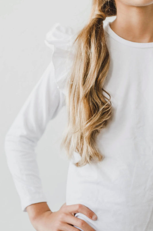 White L/S Ruffle Tee