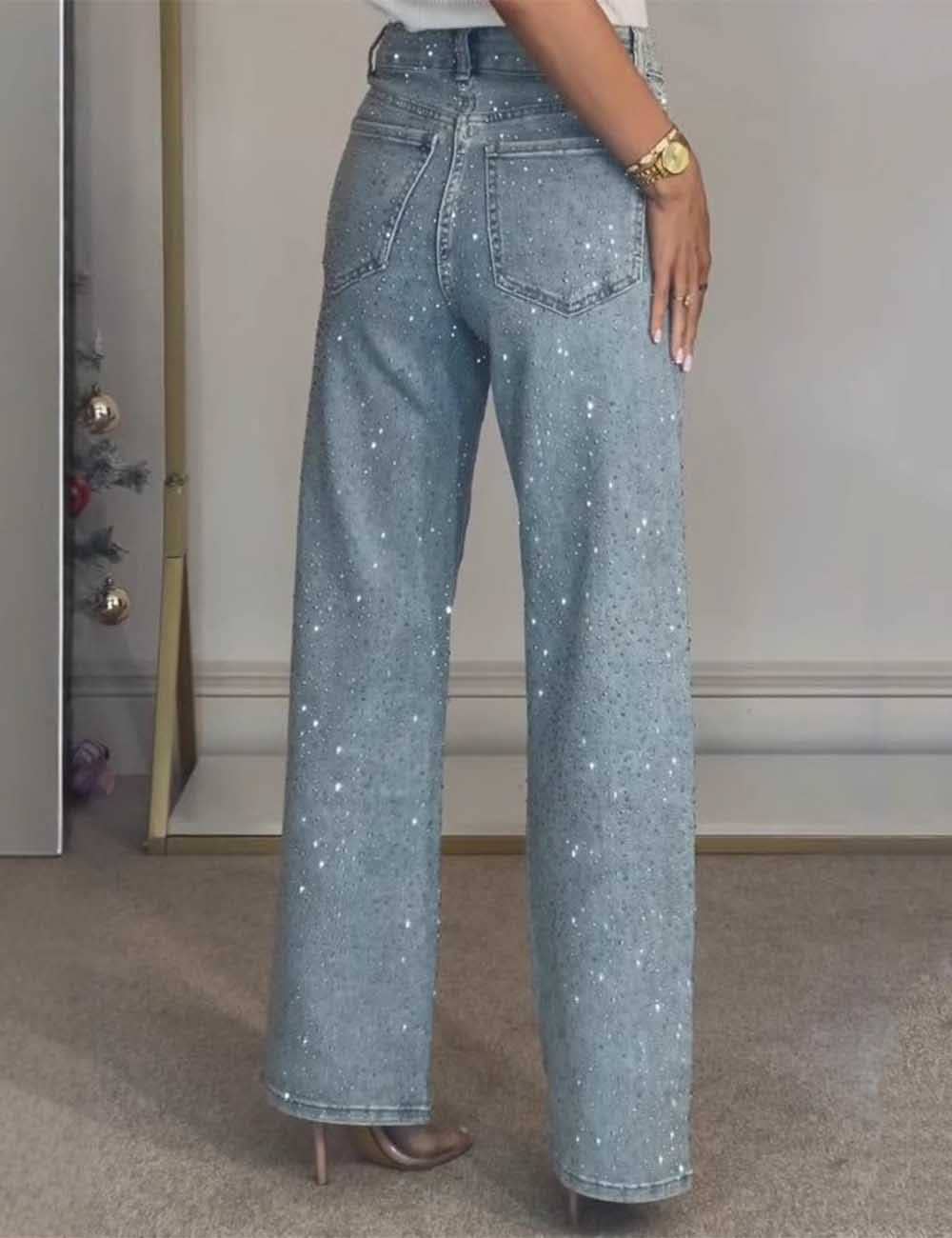 Ladies Rhinestone Button Pocket  Denim Pants