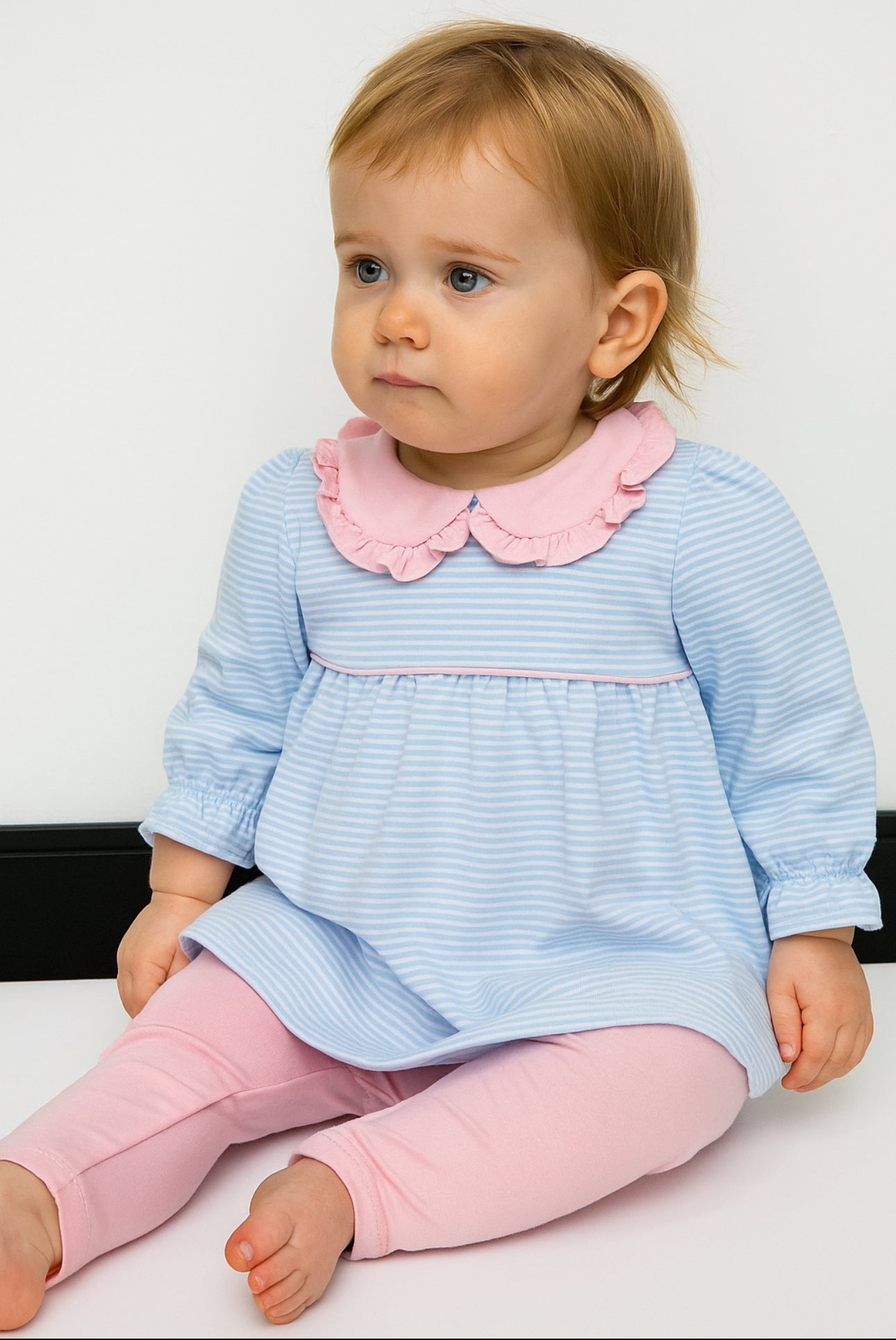 Blue Stripe with Pink Ruffle Collar Set