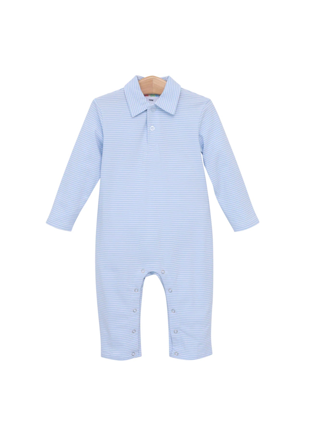 Michael Polo LS Romper- Light Blue Stripe