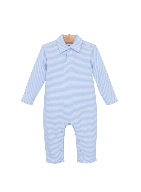 Michael Polo LS Romper- Light Blue Stripe
