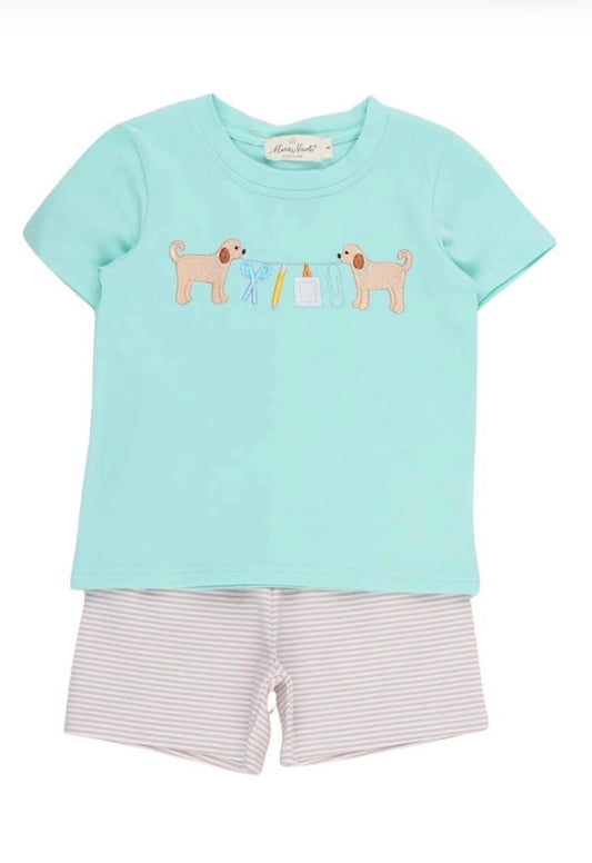Adorable Dogs & School Supplies Embroidered Ruffle Outfit