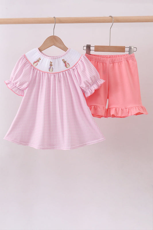 Pink Bunny Embroidery Short Set