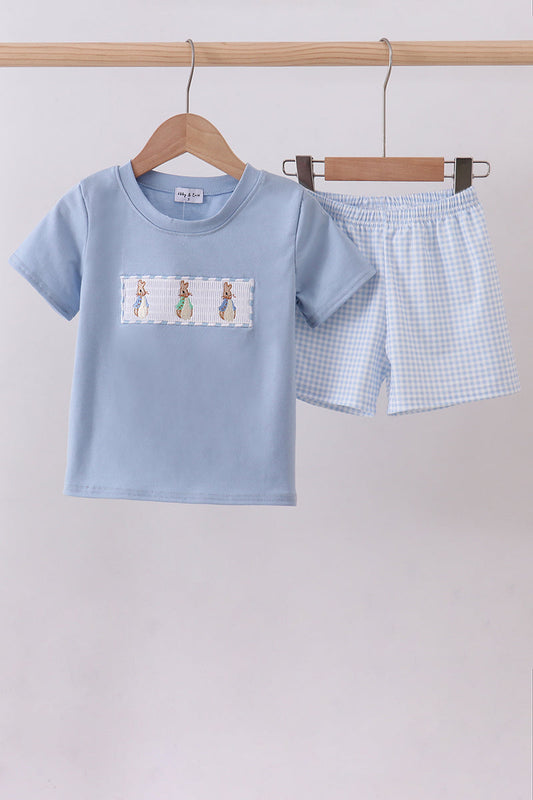 Blue Bunny Embroidery Short Set