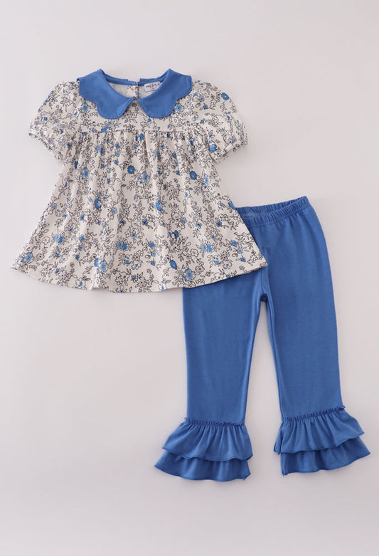 Blue Vintage Floral Print with Ruffle Pants