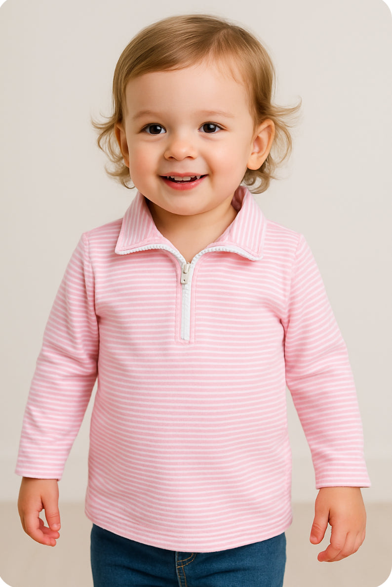 Pink and White Stripe Quarter Zip Pullover