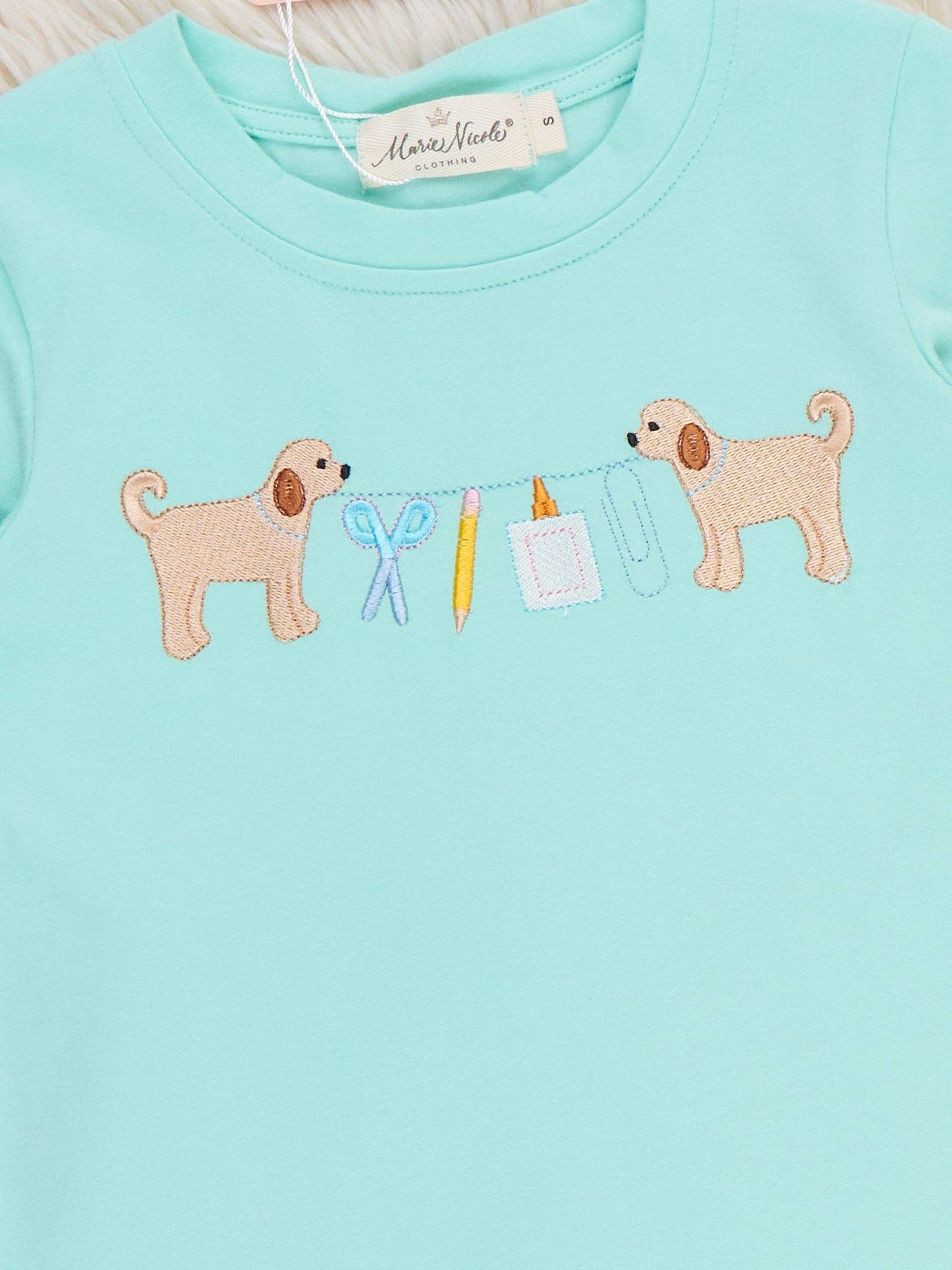Adorable Dogs & School Supplies Embroidered Ruffle Outfit