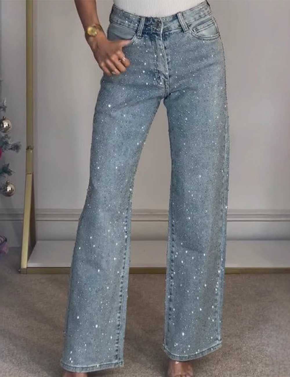 Ladies Rhinestone Button Pocket  Denim Pants
